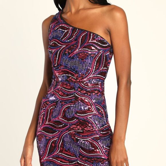 NWT Lulu's Make a Statement Pink Sequin One-Shoulder Bodycon Mini Dress - Picture 3 of 6